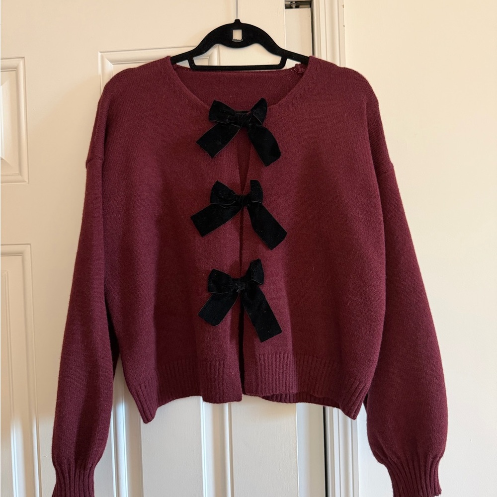 Women's Burgundy Sweater with Black Bow Accents